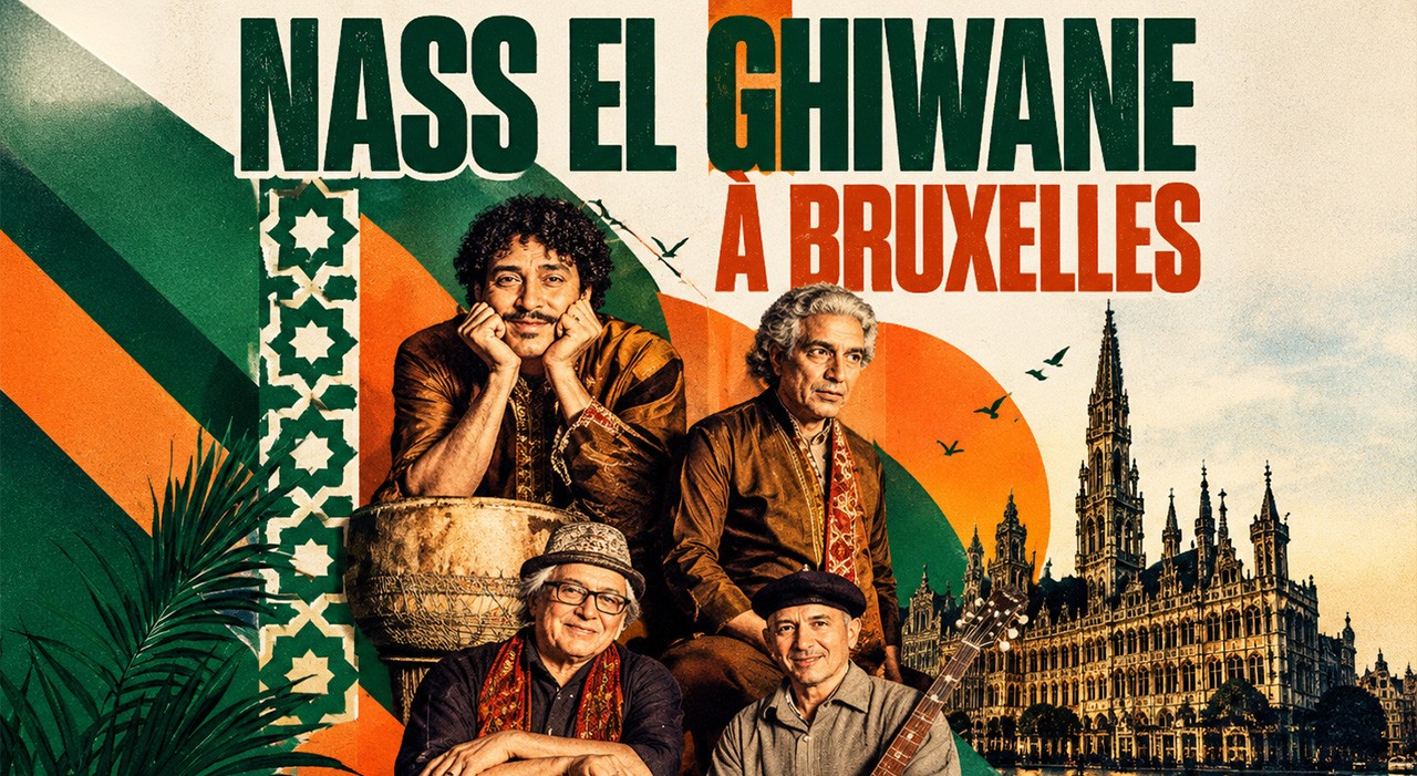 Affiche du concert Nass El Ghiwane à Bruxelles au NOVUM le 19 novembre 2026 : les musiciens du groupe marocain devant la Grand-Place