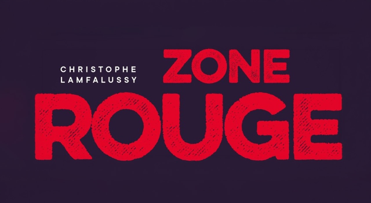 Affiche Zone rouge de Christophe Lamfalussy, titre en lettres rouges sur fond prune
